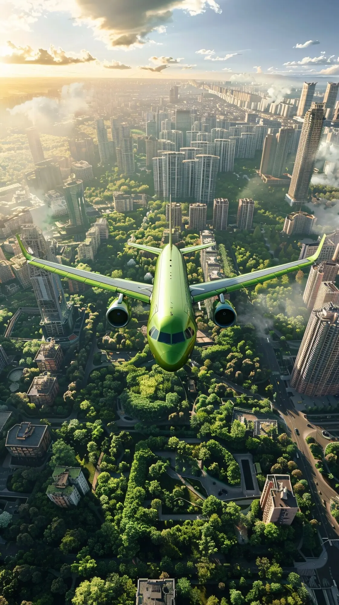 Grünes Flugzeug in einer umweltfreundlichen Umgebung