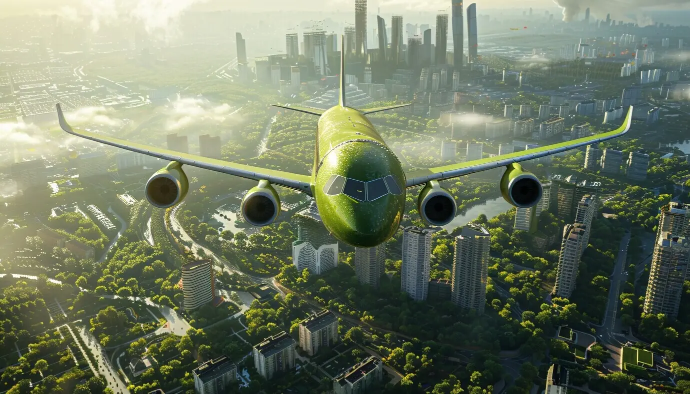 Grünes Flugzeug in umweltfreundlicher Umgebung